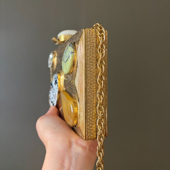 Gold Statement Clutch with Natural Stone & Bead Inlay, Evening Wedding Clutch